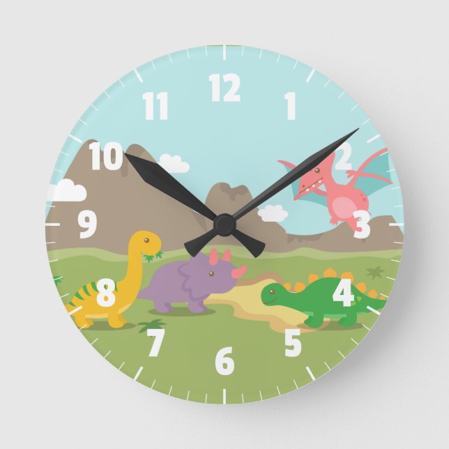 Cute Colourful Dinosaurs For kids Bedroom Round Clock (Front)