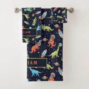 Cute Colourful Dinosaurs in space Fun Pattern Bath Towel Set
