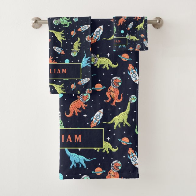 Cute Colourful Dinosaurs in space Fun Pattern Bath Towel Set (Insitu)