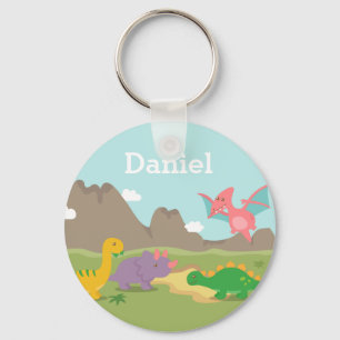 Cute Colourful Dinosaurs Kids Personalised Key Ring