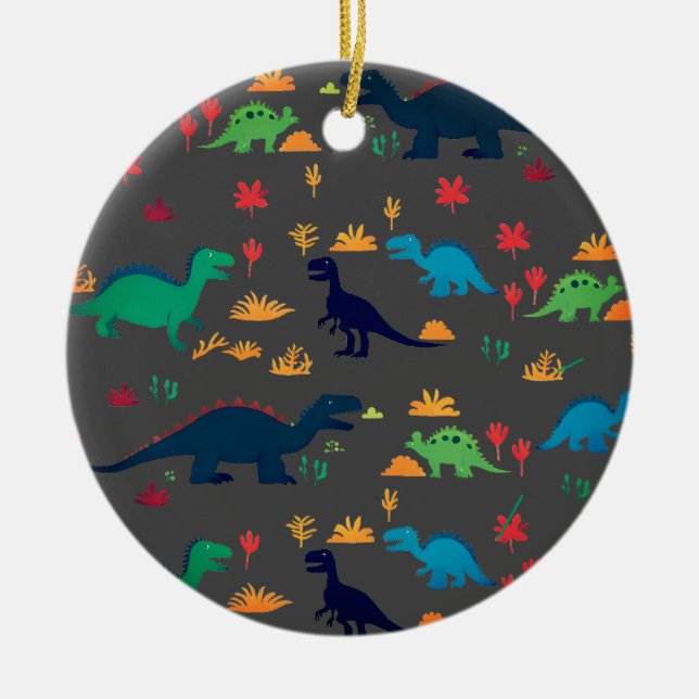 Cute Colourful Dinosaurs Pattern  Ceramic Ornament (Front)