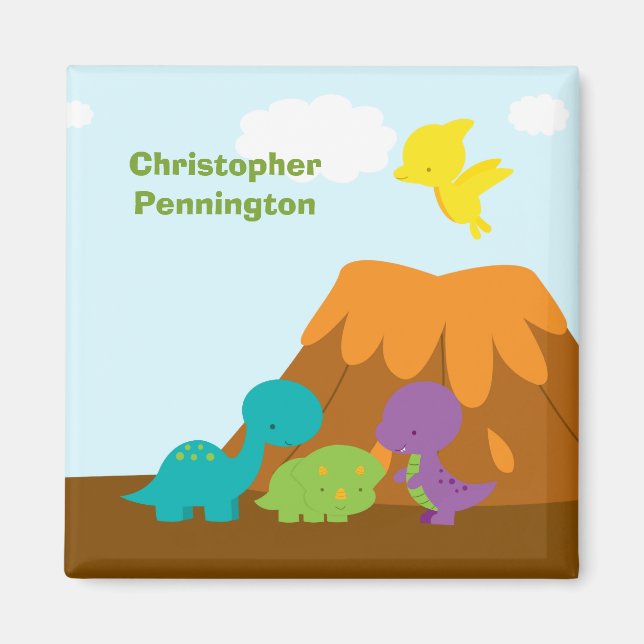 Cute colourful dinosaurs personalised magnet (Front)