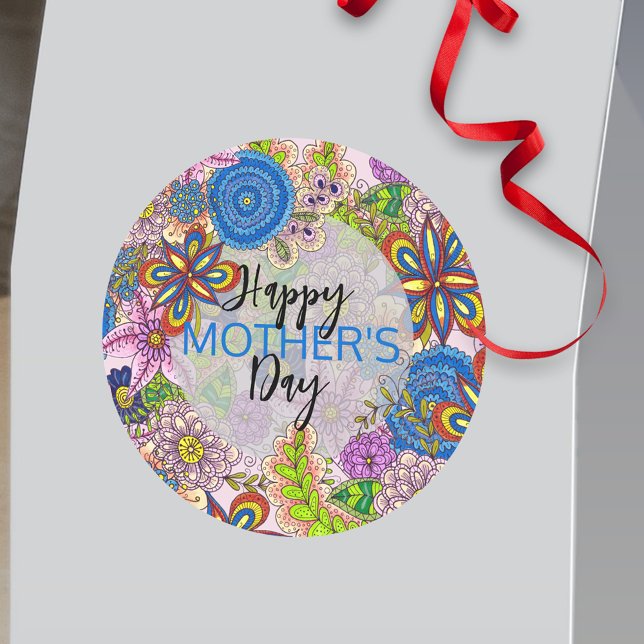 Cute Colourful Doodle Flowers Mother's Day Classic Round Sticker (Creator Uploaded)