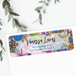 Cute Colourful Doodle Flowers Return Address Label