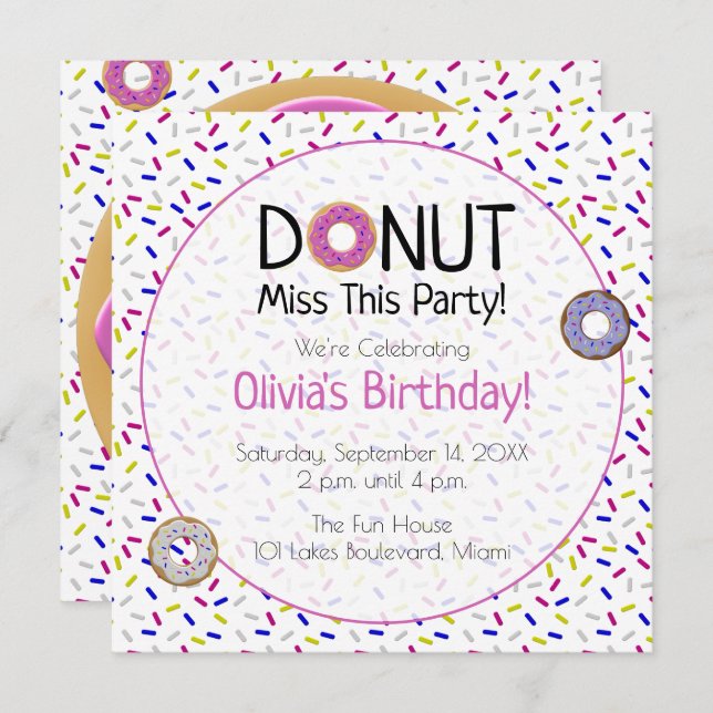 Cute Colourful Doughnut Miss This Party  Sprinkles Invitation (Front/Back)