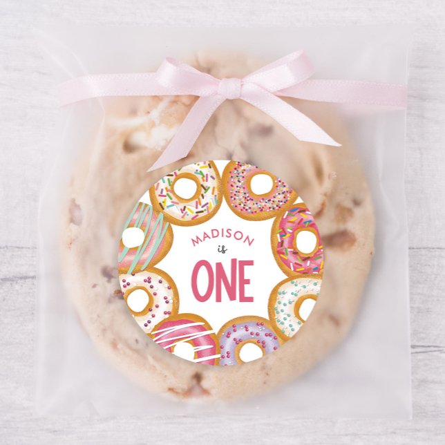 Cute Colourful Doughnuts One First Birthday Classic Round Sticker (Creator Uploaded)