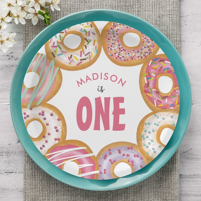 Cute Colourful Doughnuts One First Birthday Paper Plate (Creator Uploaded)