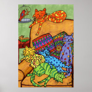 Cute Colourful Drawing Cats Chair Napping Sleeping Poster