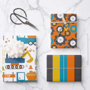Cute Colourful Dumper Truck Digger Pattern Wrapping Paper Sheet