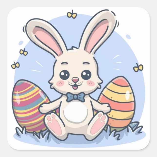 Cute Colourful Easter Bunny Eggs Square Stickers (Front)