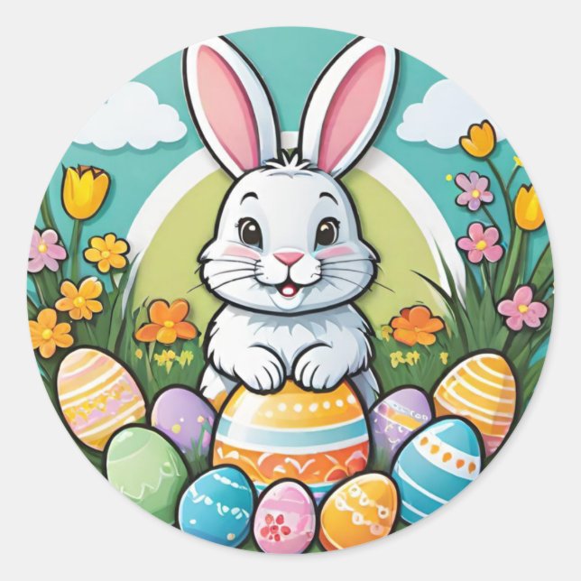 Cute Colourful Easter Bunny Flowers Eggs Stickers (Front)