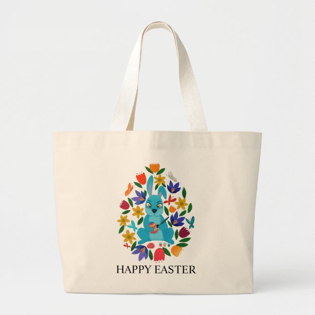 Cute Colourful Easter Bunny Spring Flowers Large Tote Bag (Front)
