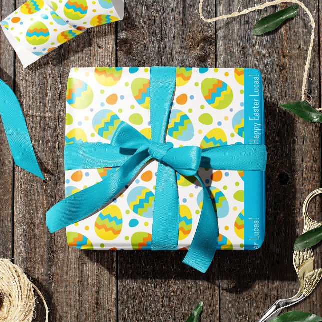 Cute Colourful Easter Egg Pattern with Kid Name Wrapping Paper (Creator Uploaded)