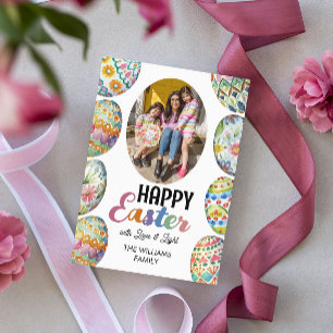Cute Colourful Easter Eggs Photo Greetings Pink Holiday Card