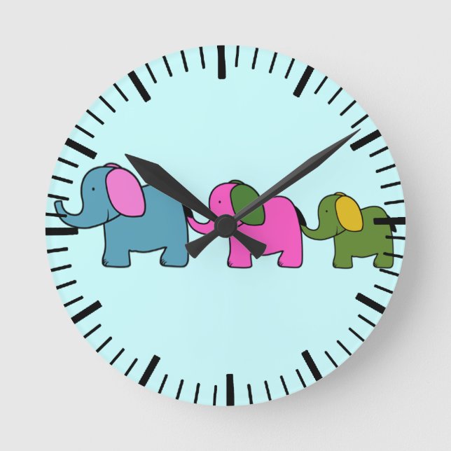 Cute colourful elephant cartoons good luck round clock (Front)