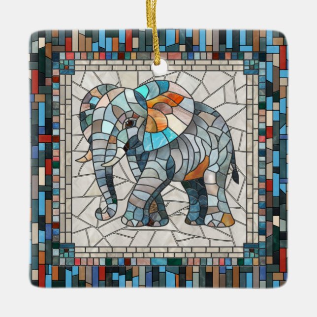 Cute Colourful Elephant mosaic art Ceramic Ornament (Front)