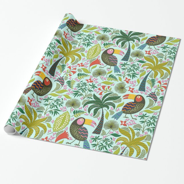 Cute Colourful Exotic Birds And Flowers Pattern Wrapping Paper (Unrolled)