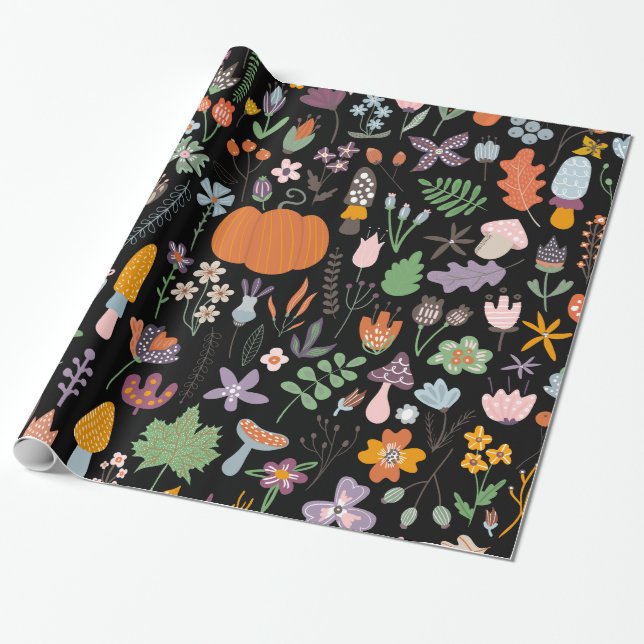 Cute colourful fall flowers & Leafs Thanksgiving D Wrapping Paper (Unrolled)