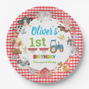 Cute Colourful Farm Animals Barnyard 1st Birthday  Paper Plate