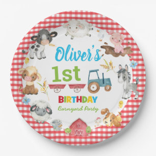 Cute Colourful Farm Animals Barnyard 1st Birthday Paper Plate