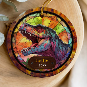 Cute Colourful Faux Stained Glass Dinosaur Ceramic Ornament