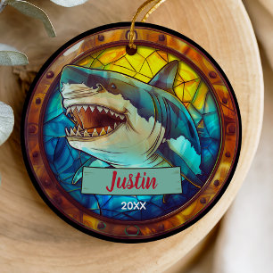 Cute Colourful Faux Stained Glass Shark Christmas Ceramic Ornament
