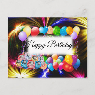 Cute, Colourful Fireworks, Balloons, Birthday Postcard