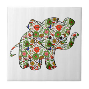 Cute Colourful Floral Baby Elephant Ceramic Tile