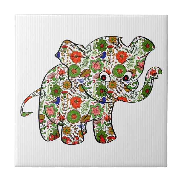 Cute Colourful Floral Baby Elephant Ceramic Tile (Front)