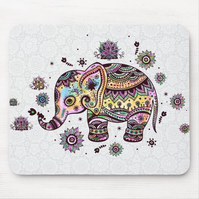Cute Colourful Floral Baby Elephant Illustration Mouse Pad (Front)