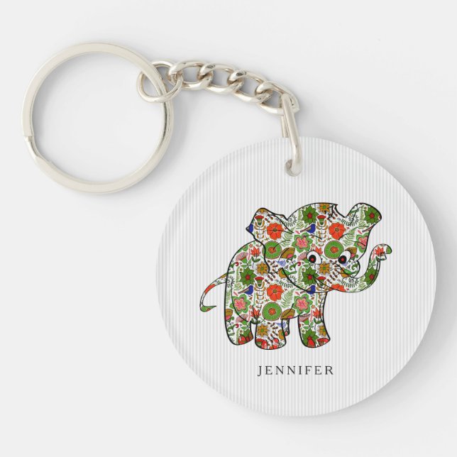 Cute Colourful Floral Baby Elephant Key Ring (Front)
