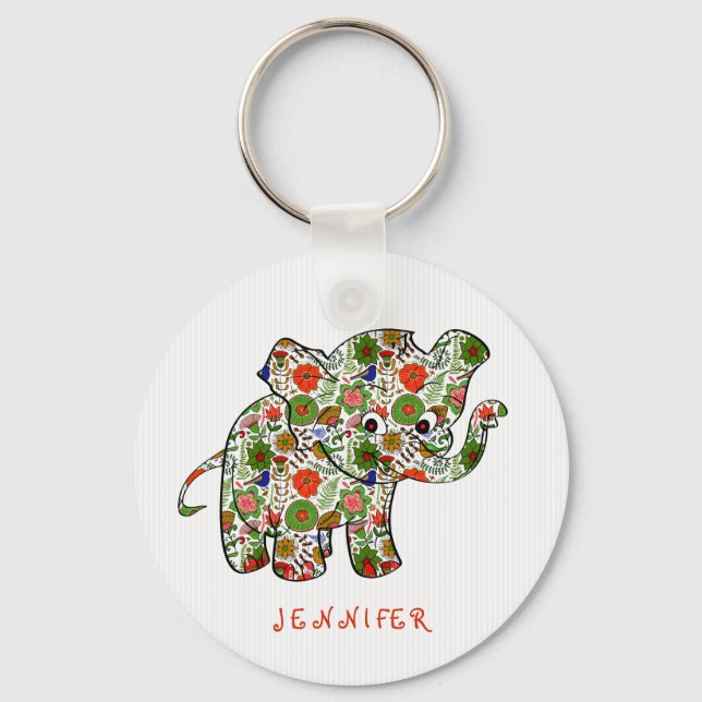 Cute Colourful Floral Baby Elephant Key Ring (Front)