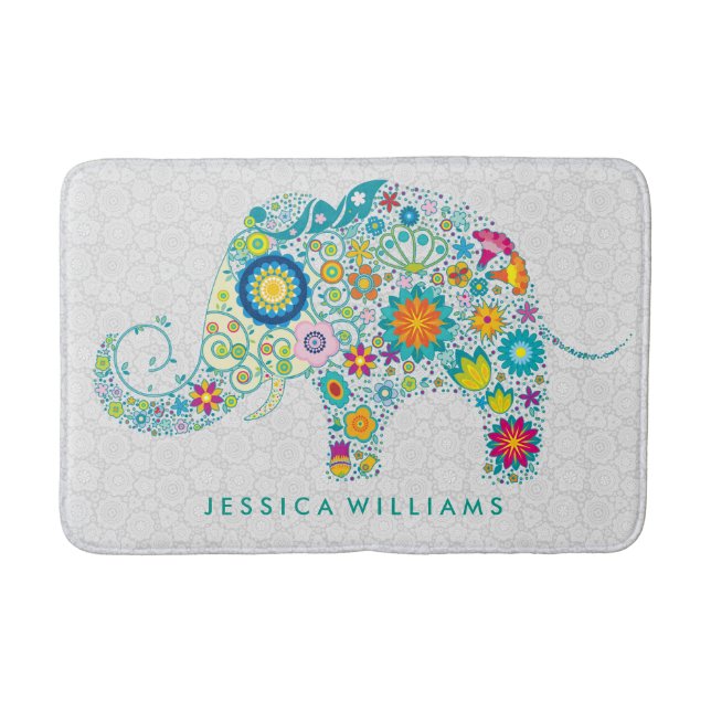 Cute Colourful Floral Elephant Bath Mat (Front)