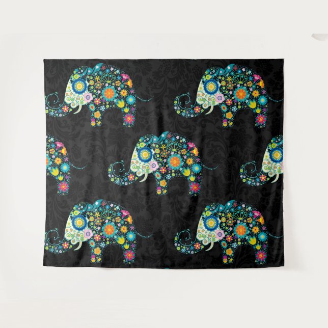 Cute Colourful Floral Elephant Black Damasks Tapestry (Front (Horizontal))