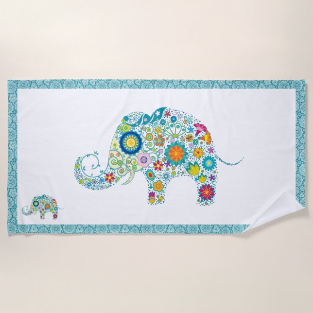 Cute Colourful Floral Elephant Illustration Beach Towel (Front)
