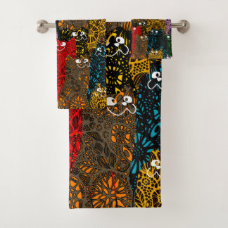 Cute & Colourful Floral Happy Cats  Bath Towel Set