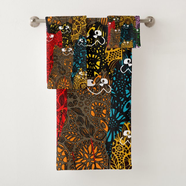 Cute & Colourful Floral Happy Cats  Bath Towel Set (Insitu)