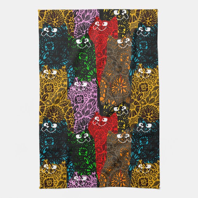 Cute & Colourful Floral Happy Cats  Tea Towel (Vertical)