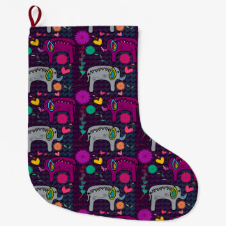 Cute colourful floral hearts elephant pattern large christmas stocking