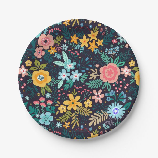 Cute Colourful Floral Pattern Paper Plate (Front)