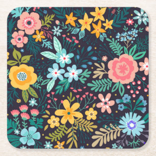 Cute Colourful Floral Pattern Square Paper Coaster
