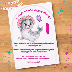 Cute Colourful Floral Sea Lion Girly Kids Birthday Acrylic Invitations