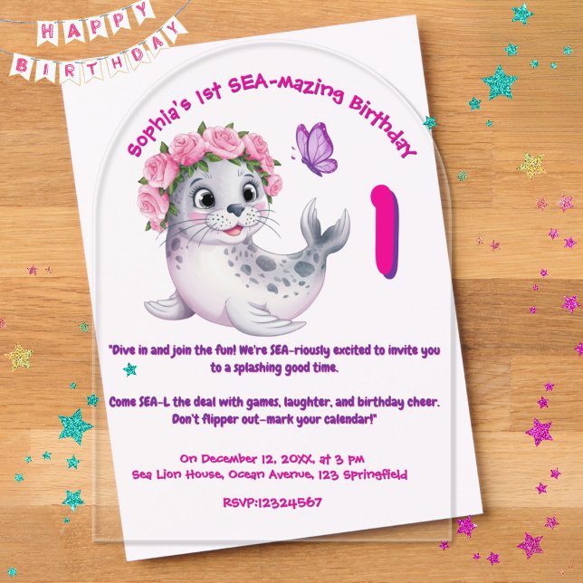 Cute Colourful Floral Sea Lion Girly Kids Birthday Acrylic Invitations (Creator Uploaded)