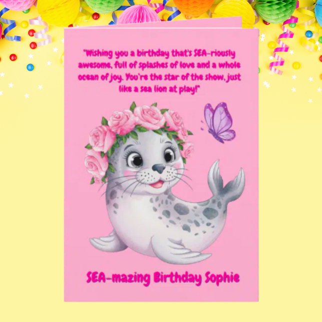 Cute Colourful Floral Sea Lion Girly Kids Birthday Card (Creator Uploaded)