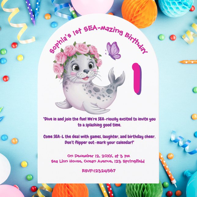 Cute Colourful Floral Sea Lion Girly Kids Birthday Invitation (Creator Uploaded)
