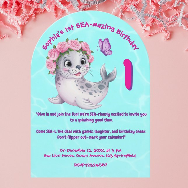 Cute Colourful Floral Sea Lion Girly Kids Birthday Invitation (Creator Uploaded)