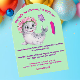 Cute Colourful Floral Sea Lion Girly Kids Birthday Invitation