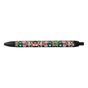 Cute colourful floral skull black ink pen