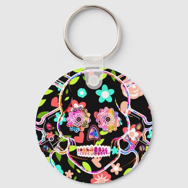 Cute colourful floral skull key ring (Front)
