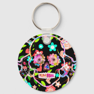 Cute colourful floral skull license plate key ring